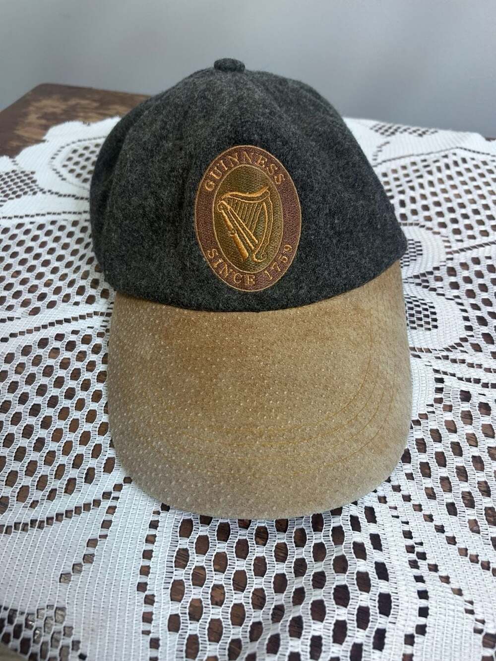 Guinness Clothing Wool Blend Baseball Cap Grey Brown Suede Bill Adjustable Hat